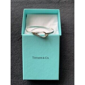 Tiffany & Co 18K 750 Gold 925 Sterling Silver Hook Eye Bangle Bracelet with Box